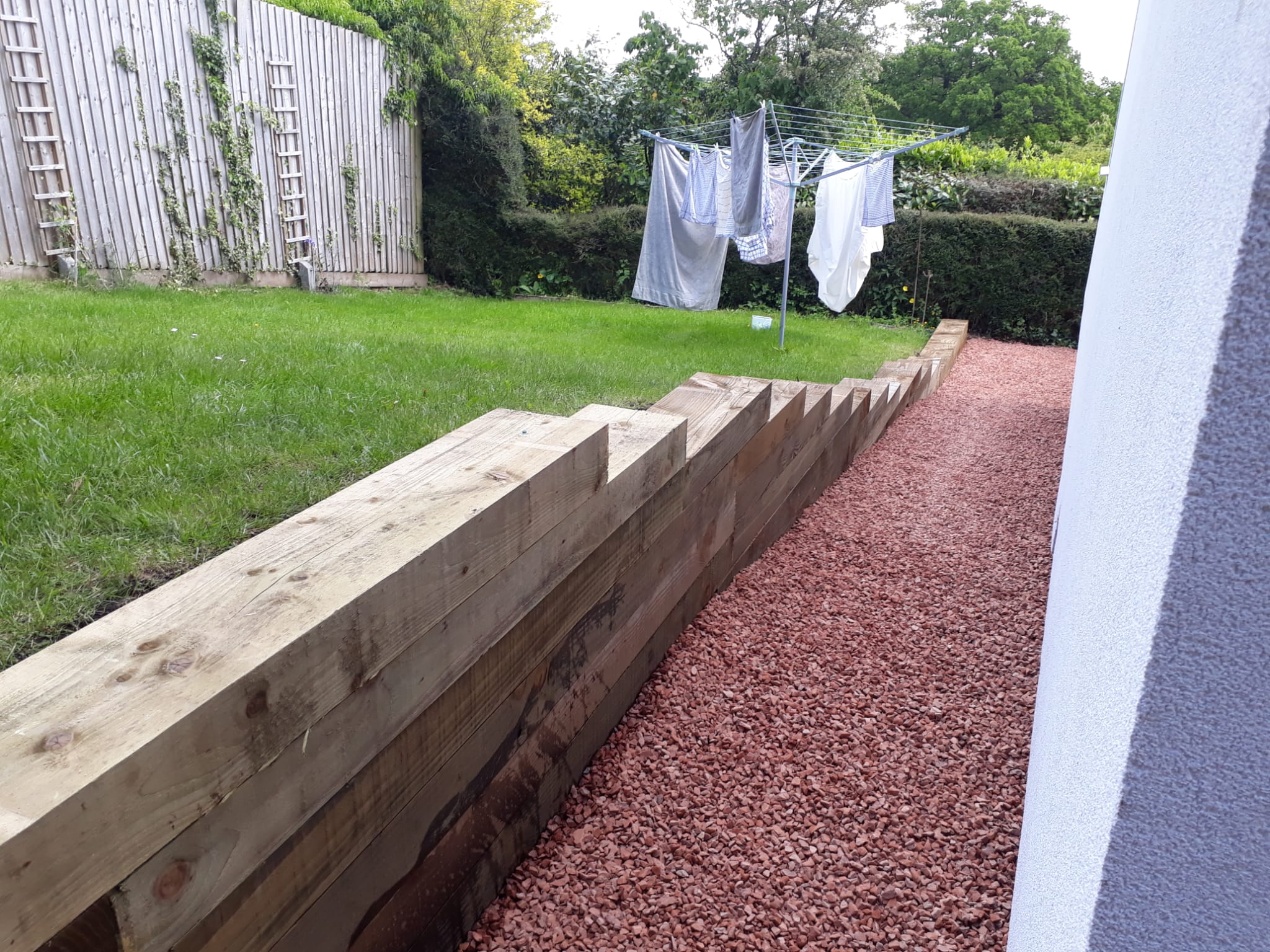 Timber sleeper retaining wall angled view